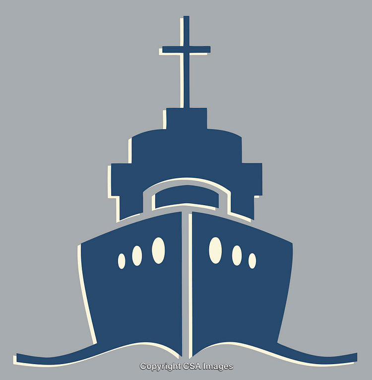 Ship Silhouette with Cross Against Gray Background in Minimalist Style