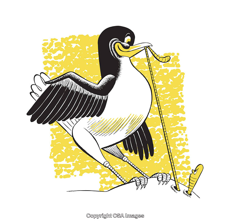 Illustration of a Stylized Penguin Catching a Worm with a Fishing Rod