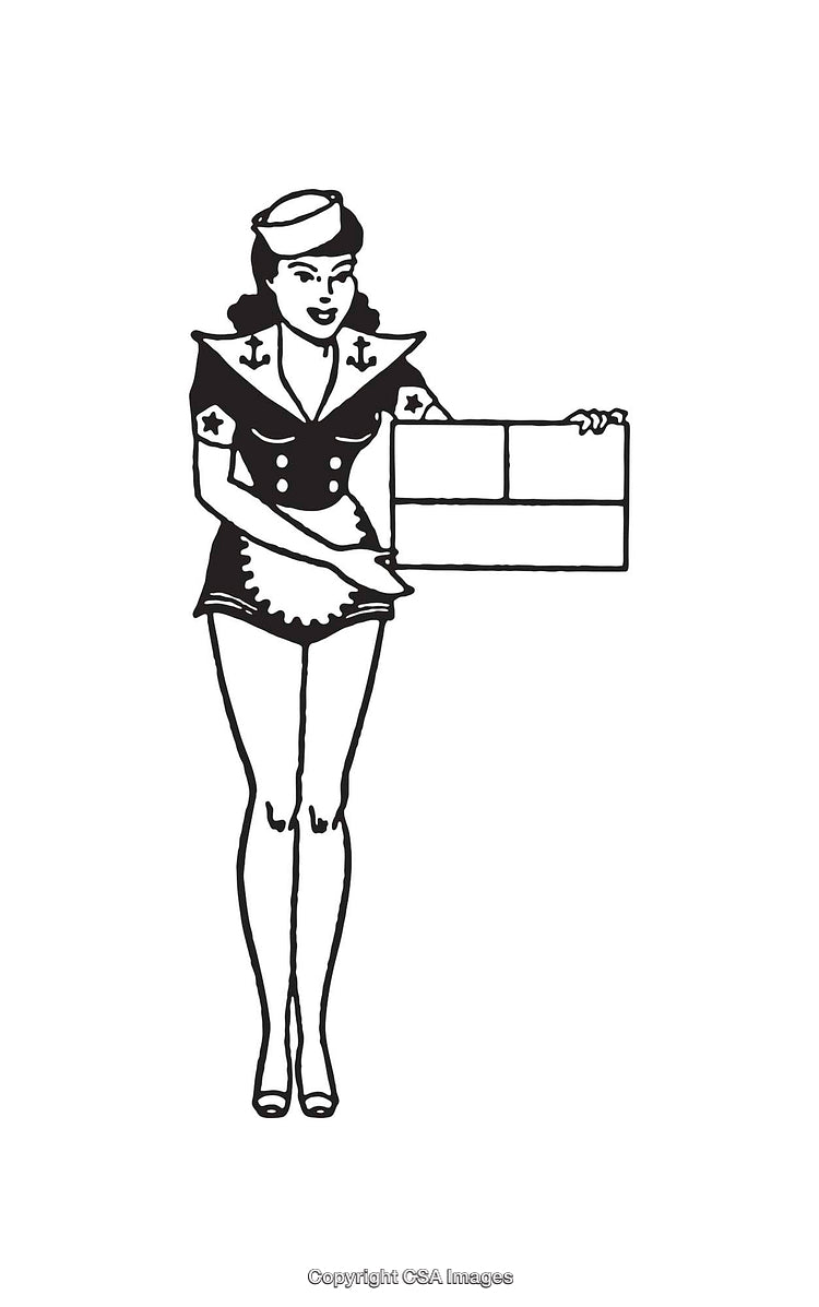 Retro Styled Black and White Drawing of Female in Nautical Uniform Holding a Sign