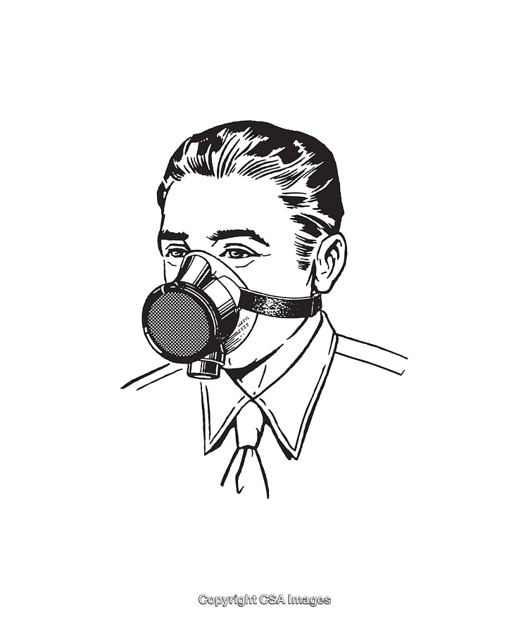 Vintage Black and White Line Art of Man Wearing Gas Mask