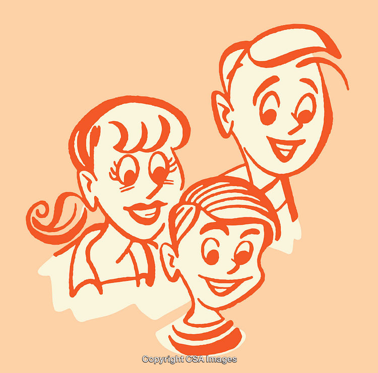 Retro Styled Illustration of a Happy Family with Orange Line Art