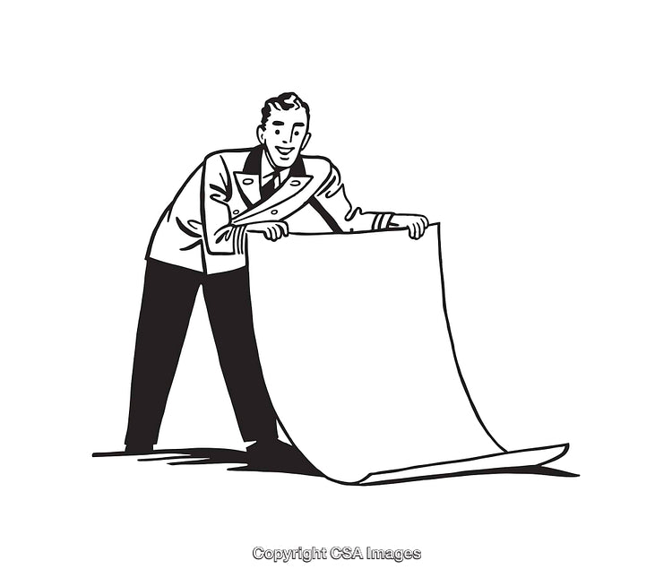 Vintage Line Art Illustration of Man Presenting a Blank Scroll