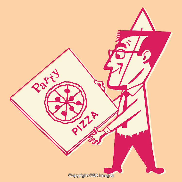 Cartoon Illustration of a Happy Man Carrying a Large Party Pizza