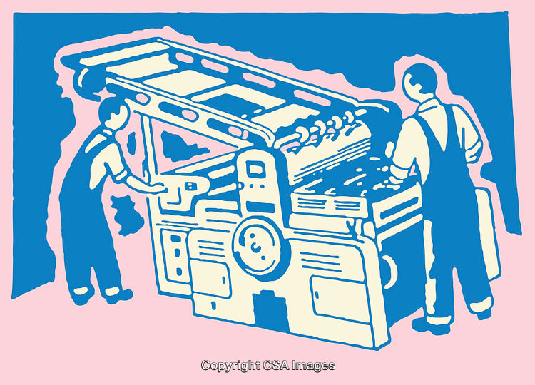 Vintage Illustration of Workers Operating a Printing Machine in a Workshop