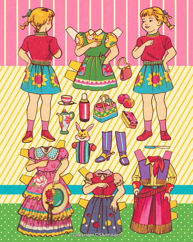 Vintage Paper Doll Set with Outfits, Accessories, and Retro Illustration Style