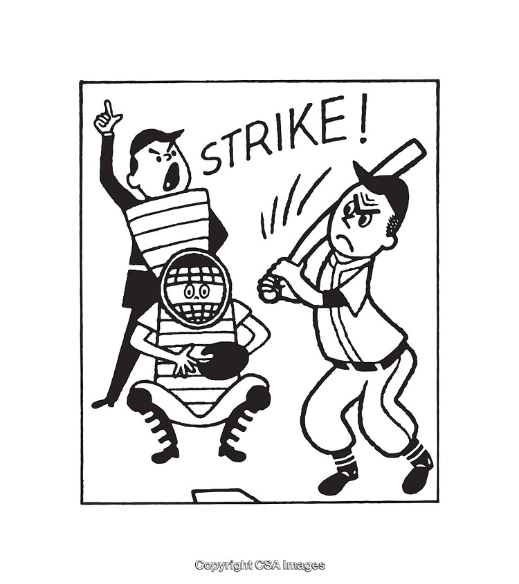 Humorous Black And White Baseball Cartoon with Umpire Calling a Strike