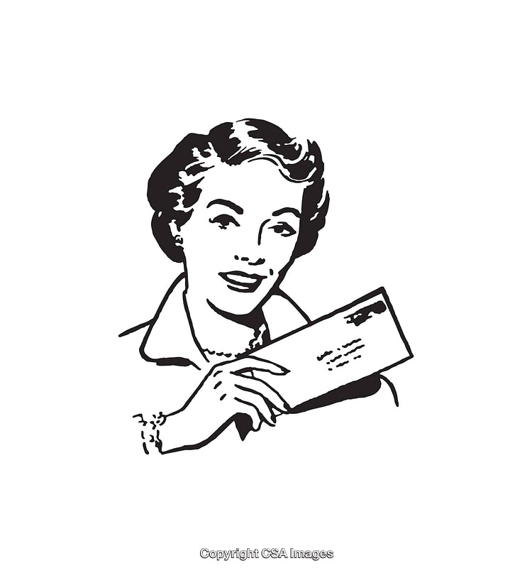 Vintage Style Line Art of Smiling Woman Holding an Envelope