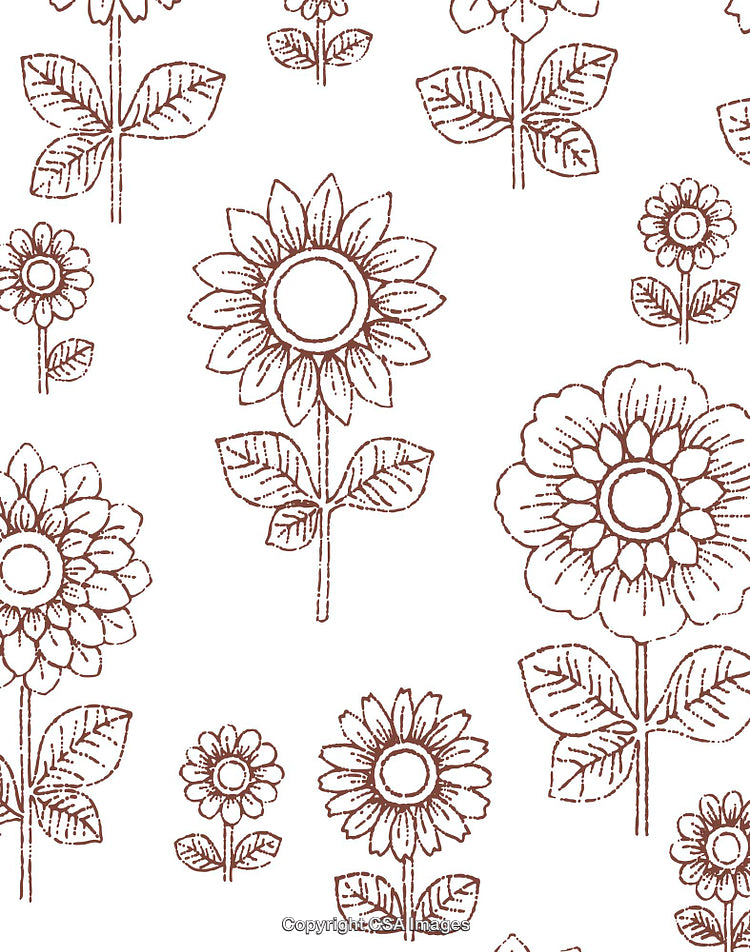 Hand-Drawn Floral Pattern of Sunflowers and Leaves in a Simple Brown Design