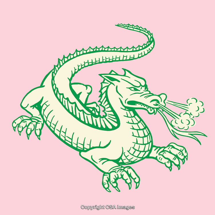 Green Line Art Dragon Breathing Smoke on Pastel Pink Background