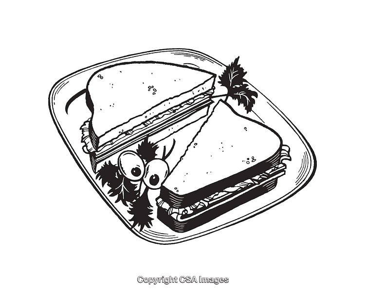 Line Art Illustration of a Sandwich Plate with Garnish