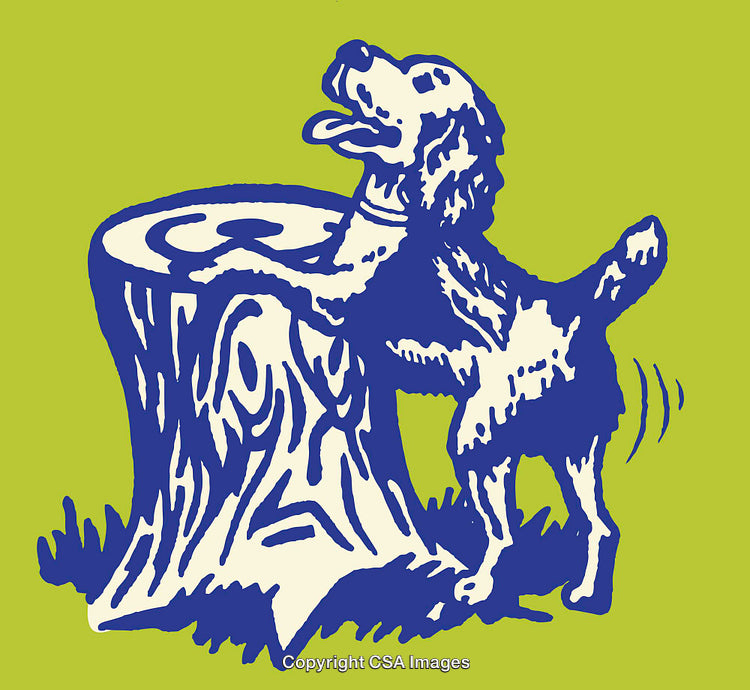 Playful Dog by Tree Stump on Vibrant Green Background in Line Art Style