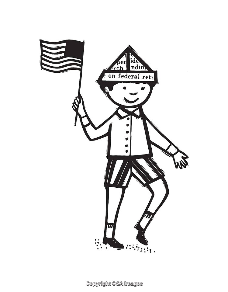 Child Holding an American Flag in Line Art Style