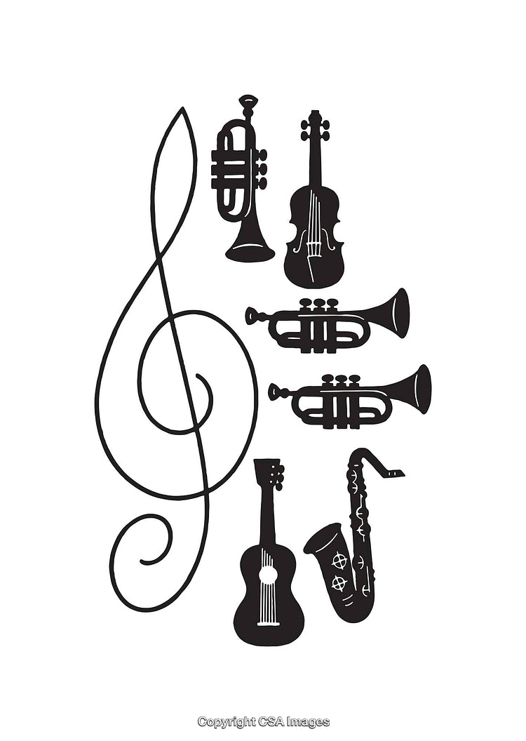 Black and White Line Art of Musical Instruments and Treble Clef