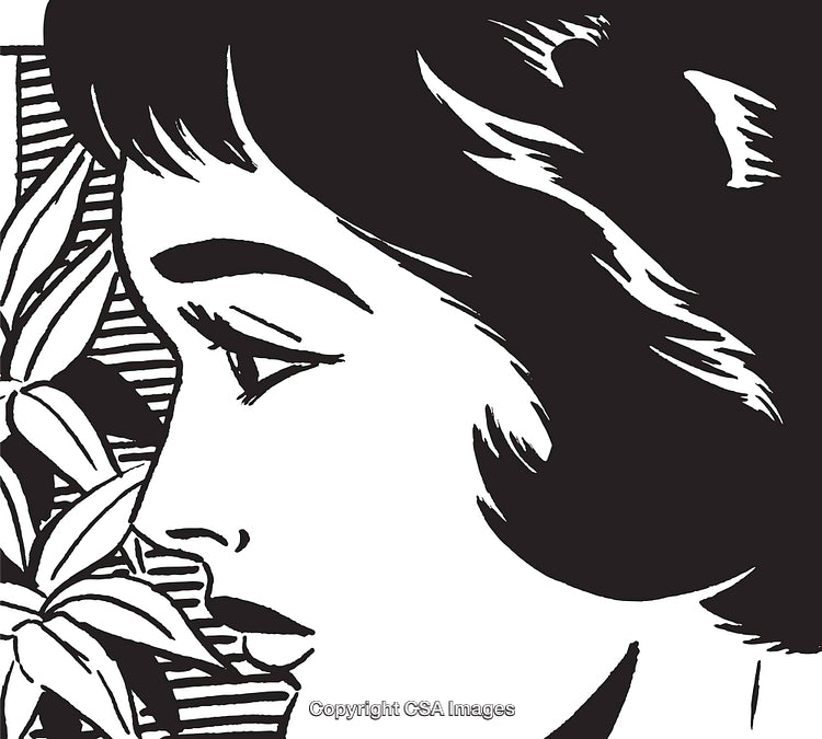 Monochromatic Illustration of a Woman's Side Profile with Floral Accents
