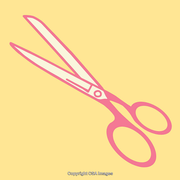 Pink Vintage Scissors Illustration on Yellow Background in Minimalistic Line Art Style
