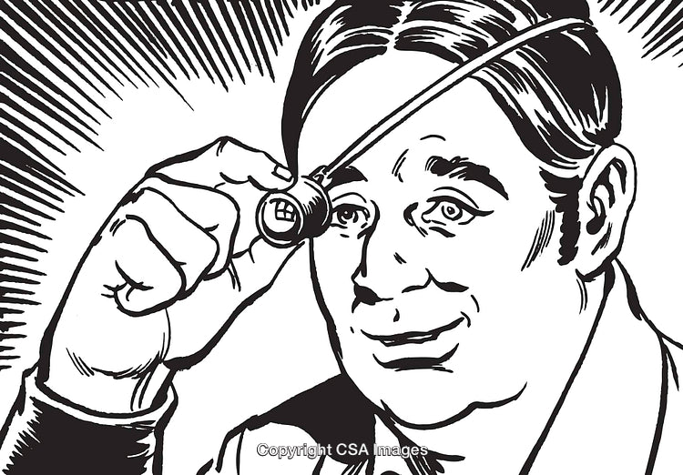 Retro Black and White Illustration of a Smiling Man with Magnifying Glass