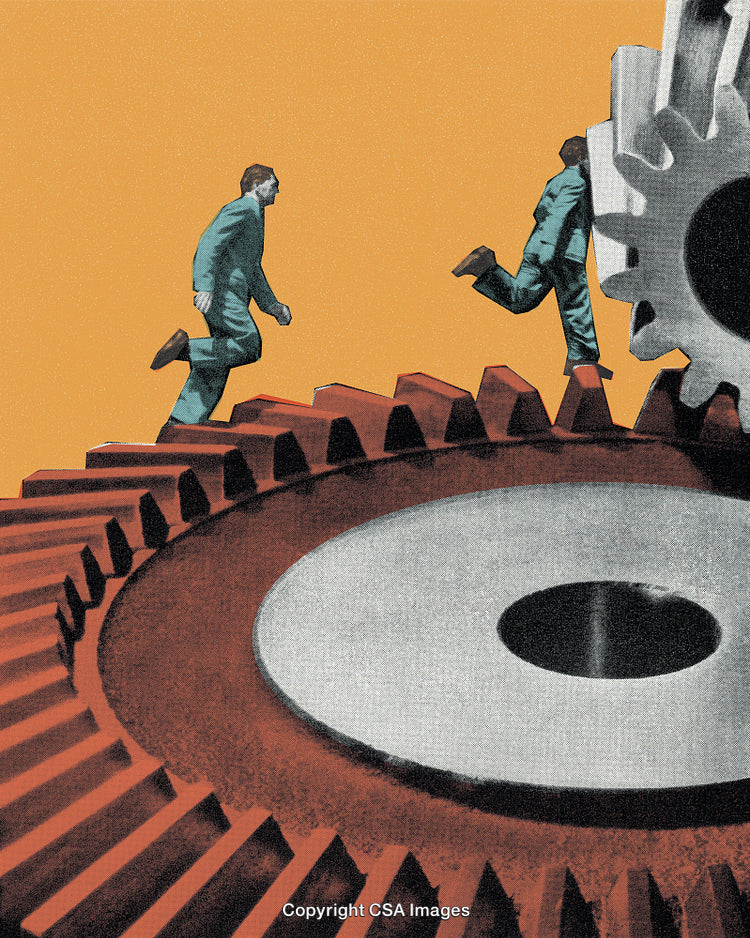 Conceptual Workers Moving Within Gear Machinery Representation of Mechanized Systems
