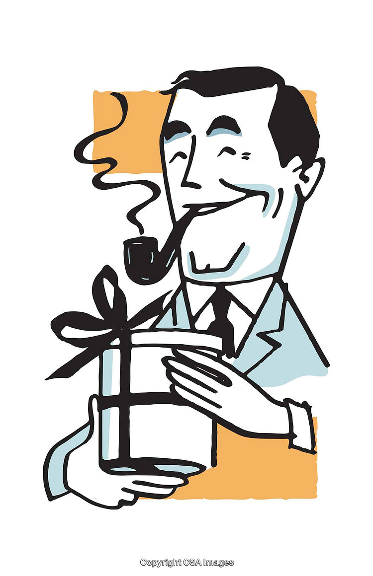 Retro Illustration of a Happy Man Holding a Gift and Smoking a Pipe