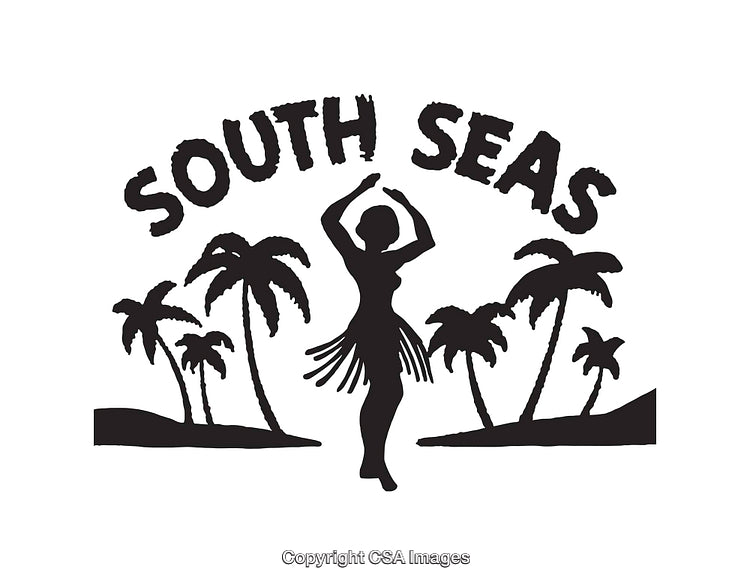 Silhouette of Tropical Dancer and Palm Trees in Black and White Art