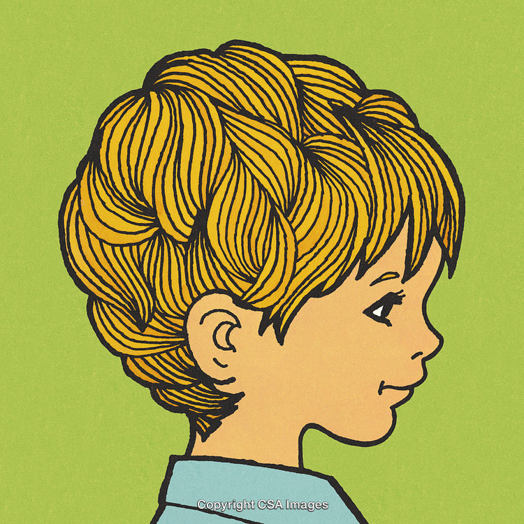 Illustration of a Smiling Child in Profile, Yellow Hair, Green Background