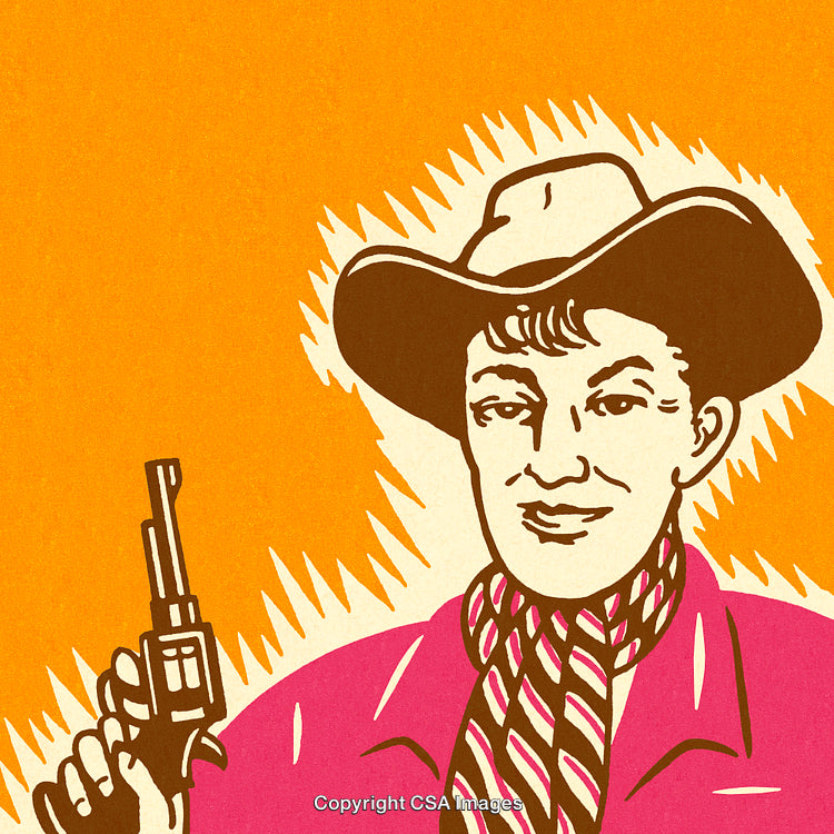 Retro Style Cowboy Illustration Holding a Revolver with Vibrant Background