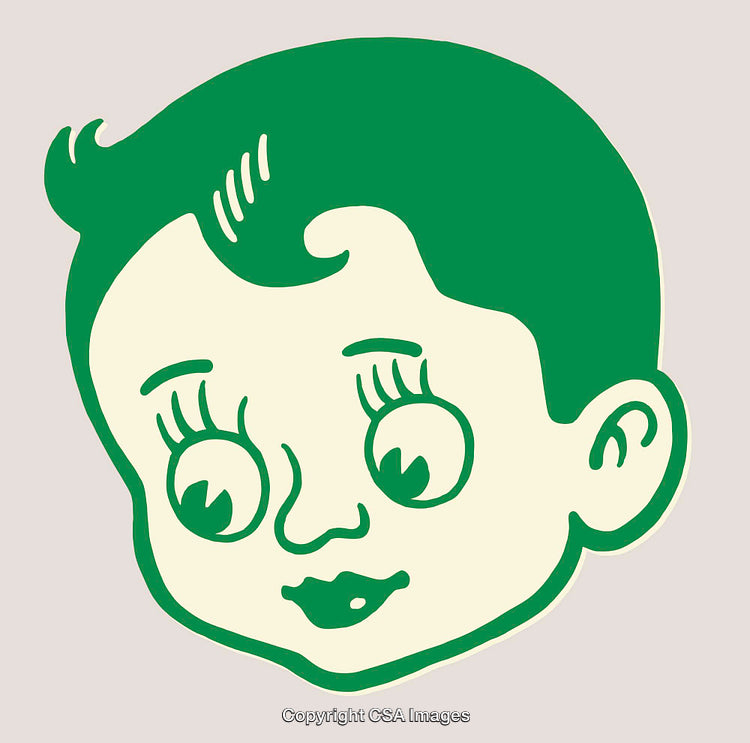 Green Retro Style Illustration of a Baby Face with Whimsical Features