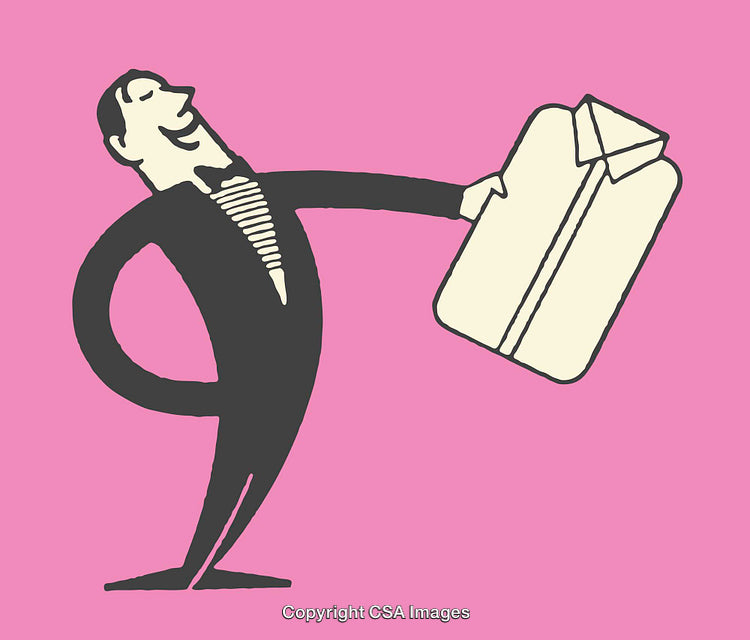 Illustrated Gentleman In Suit Holding a Packaged Shirt on Pink Background