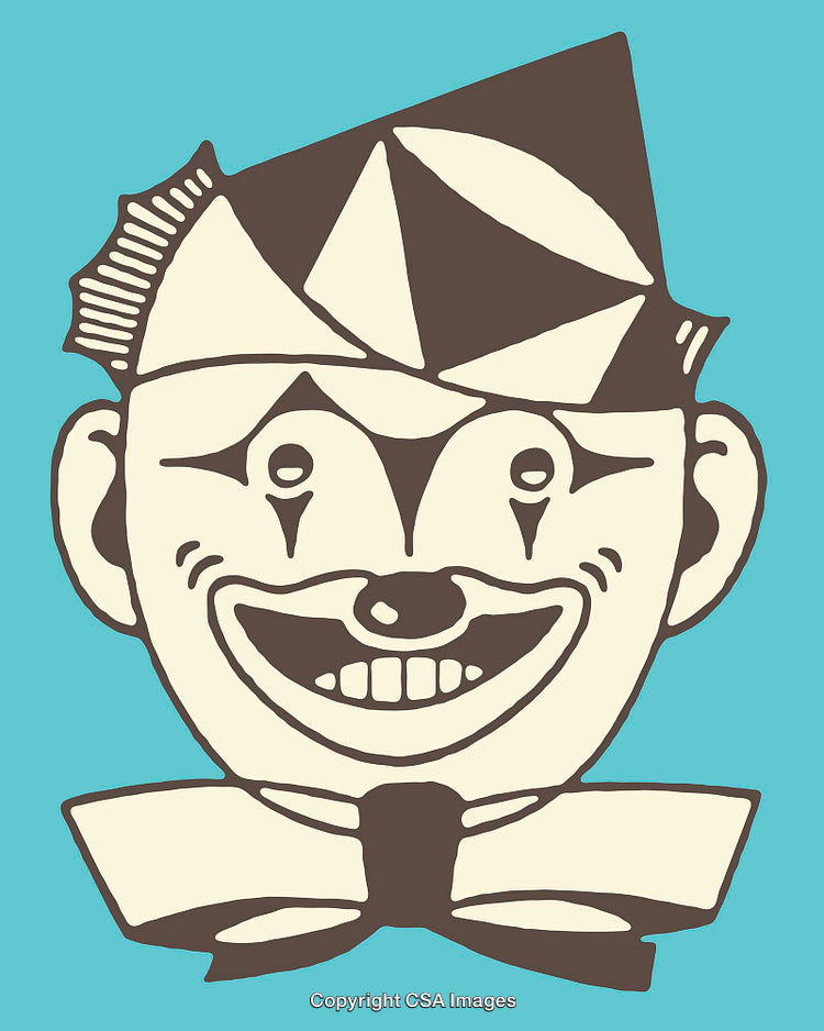 Retro Style Clown Face Illustration with Unique Geometric Hat Design