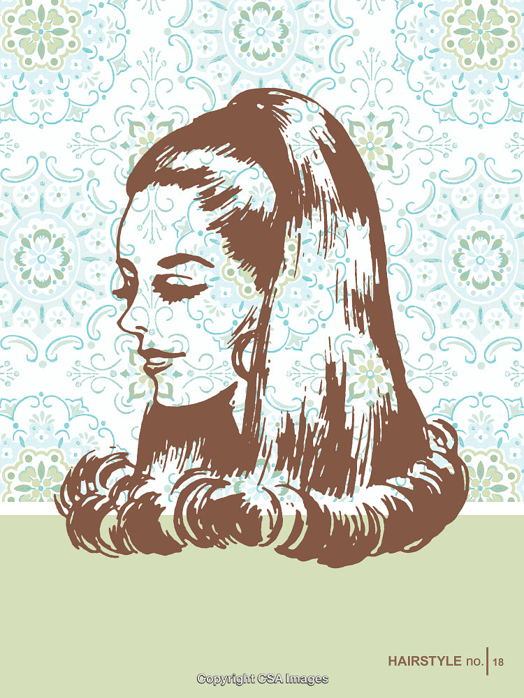 Retro Styled Woman Illustration with Ornate Background Patterns