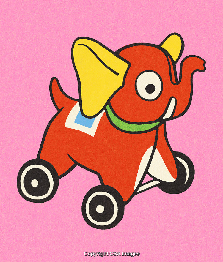 Colorful Toy Elephant Drawing on a Pink Background in Playful Cartoon Style