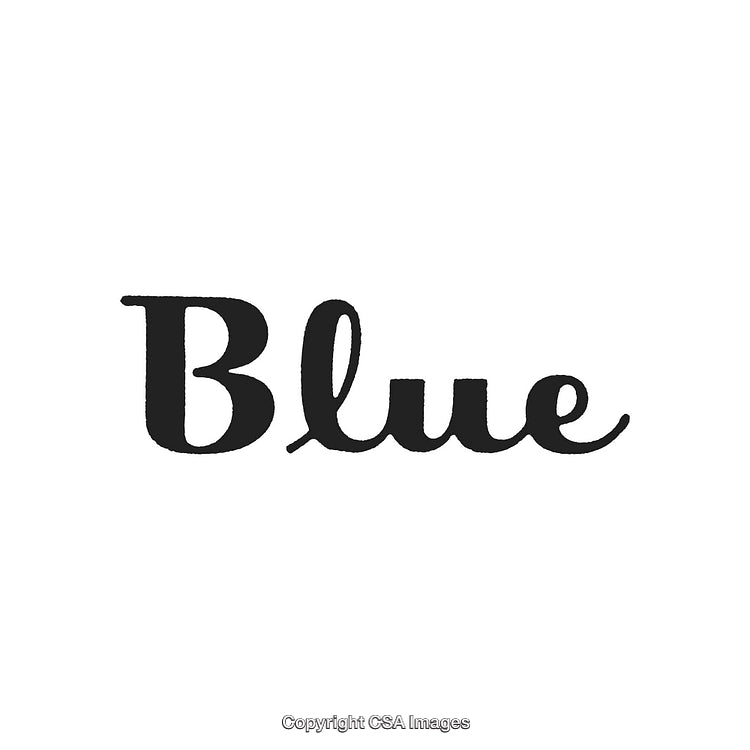 Elegant Scripted Word 'Blue' in Bold Black Font on White Background