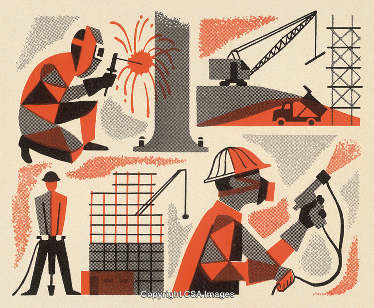 Industrial Illustration Depicting Welding and Construction Workers in Action