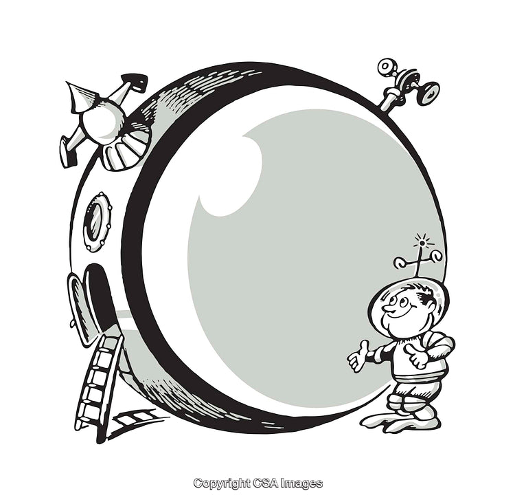 Illustration of a Robot by a Futuristic Round Spacecraft