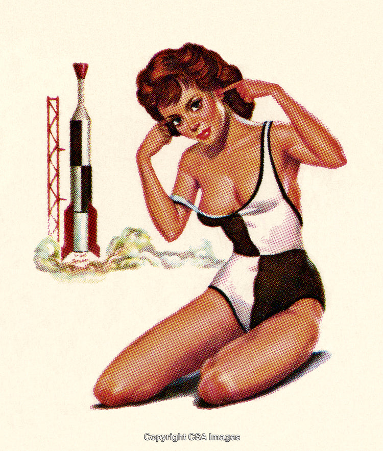 Retro Style Pin-Up Illustration Featuring Rocket Launch in Vibrant Art Style