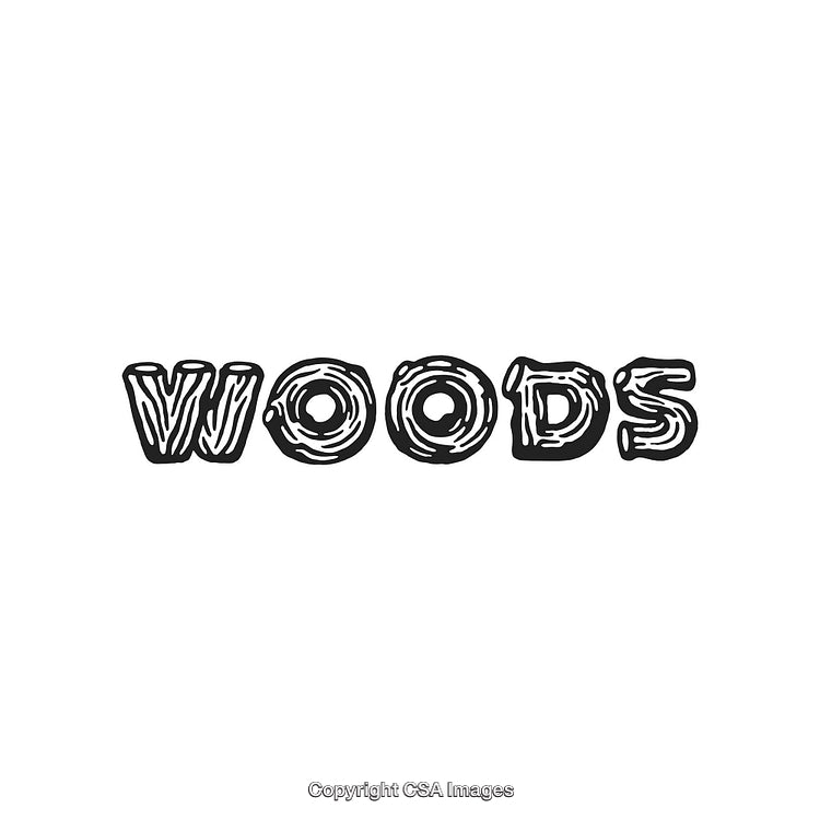 Rustic 'Woods' Log-Inspired Text in Black on a White Background