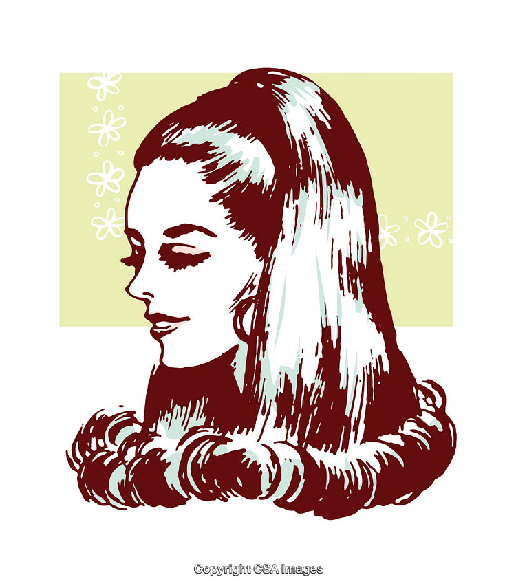 Retro Styled Illustration of a Woman in a Vintage Hairdo and Floral Backdrop