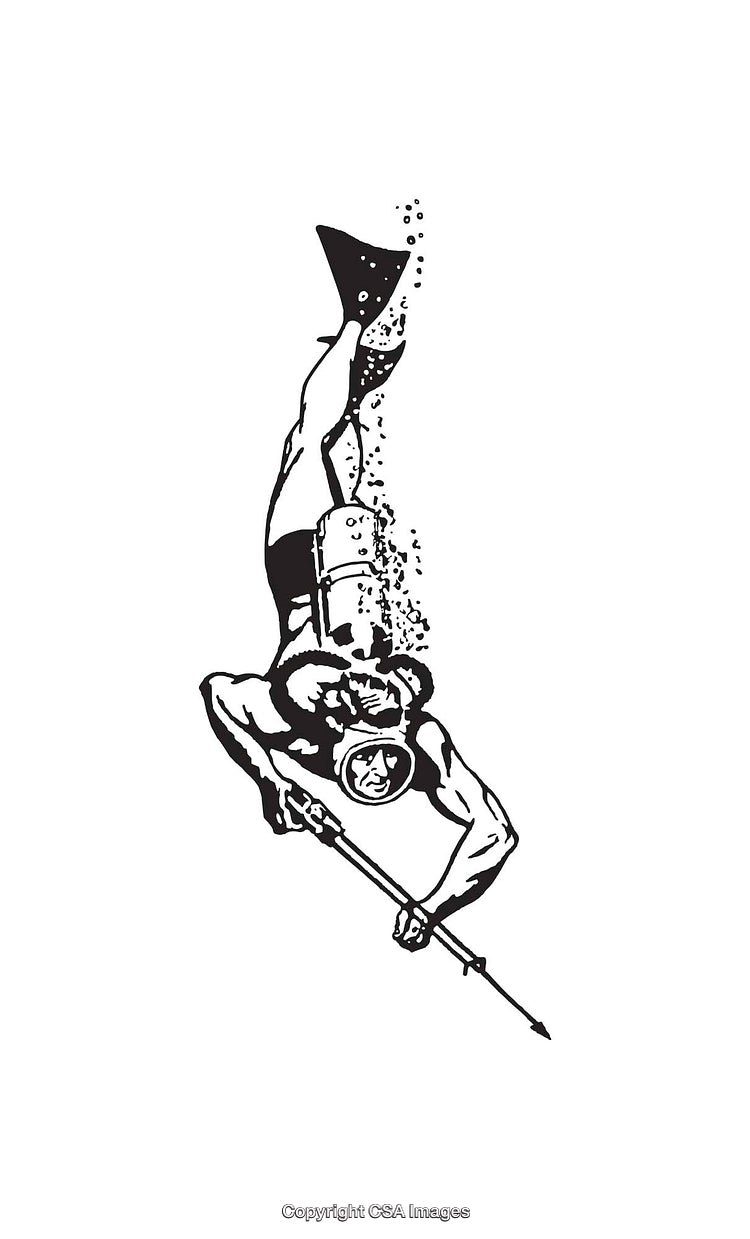 Black and White Illustration of a Diver Spearfishing Underwater