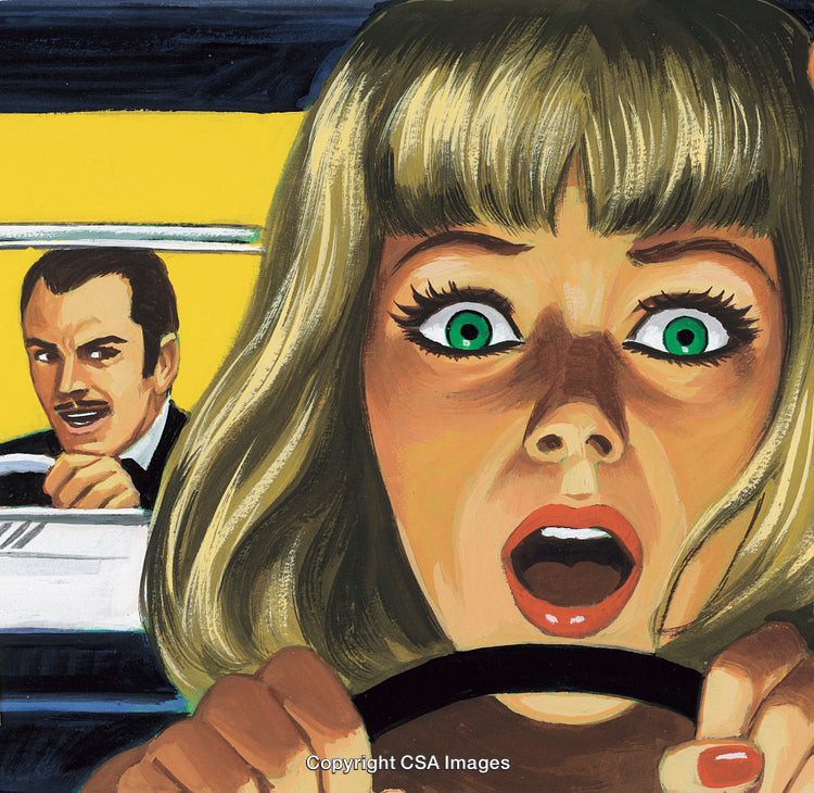 Stylized Illustration of Dramatic Driving Scene with Intense Expression