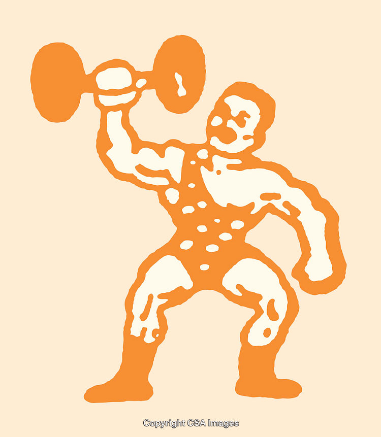 Vintage Illustration of a Weightlifter in Bold Orange Line Art