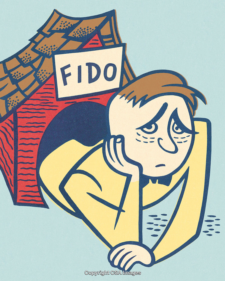Sad Man in Cartoon Style Crawling Out of Fido's Doghouse
