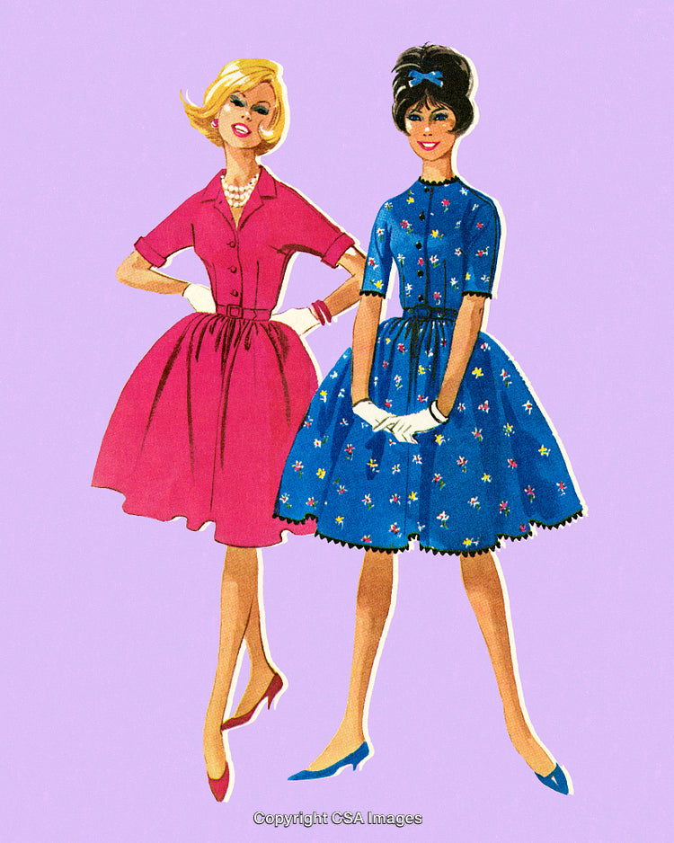 Vintage Illustration of Two Women in Retro Dresses on Colorful Background