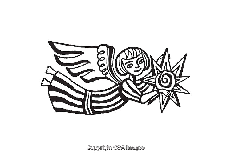 Black and White Angel Line Art Illustration Holding a Decorative Star