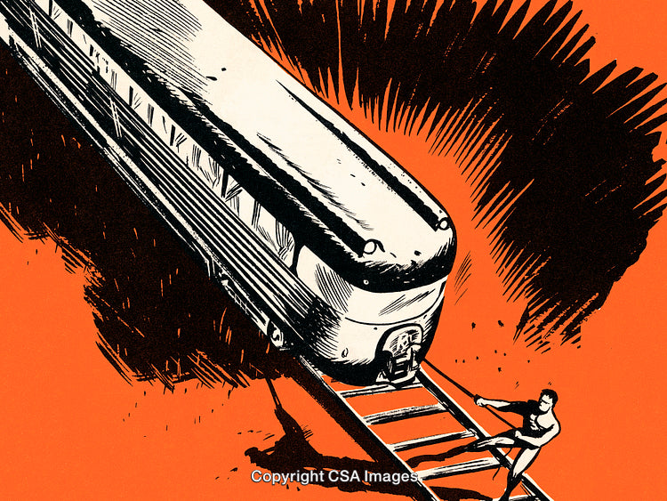 Superhero Stopping a Train Illustration in Bold Graphic Art Style