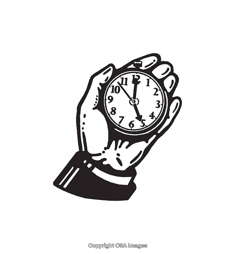 Vintage Styled Black and White Illustration of Hand Holding a Pocket Watch