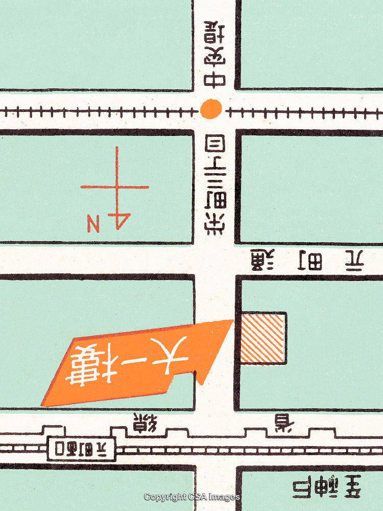 Illustrated Map with Orange Highlight and Landmark Indicators