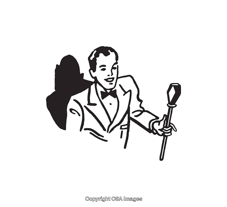 Black and White Line Art of a Performing Man with a Microphone