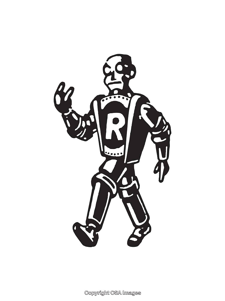 Black and White Illustration of a Retro Walking Robot Character
