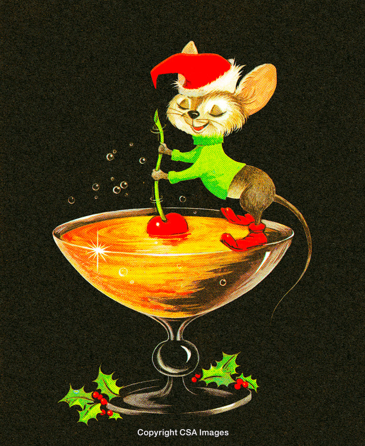 Festive Illustration of Cheerful Mouse in Holiday Scene with Festive Drink