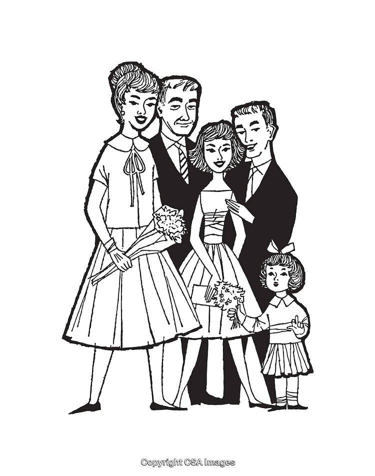 Black and White Line Art Depicting a Smiling Family Gathering Together