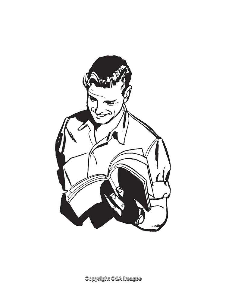 Black and White Line Art of a Smiling Man Reading a Book